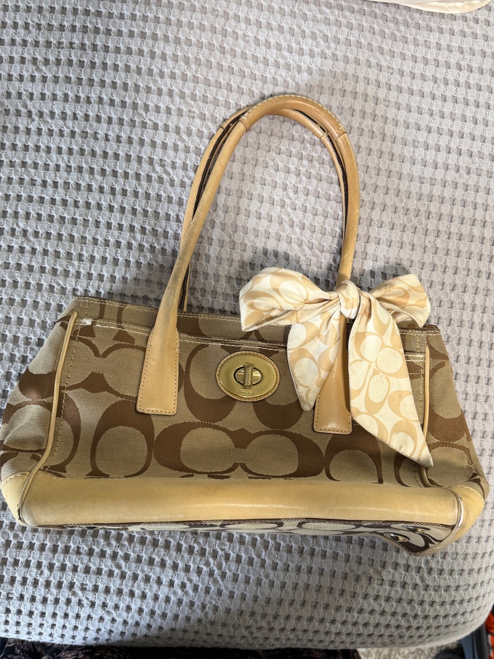 Vintage Coach Brown Signature Canvas Shoulder Bag with Beige Scarf Accent
